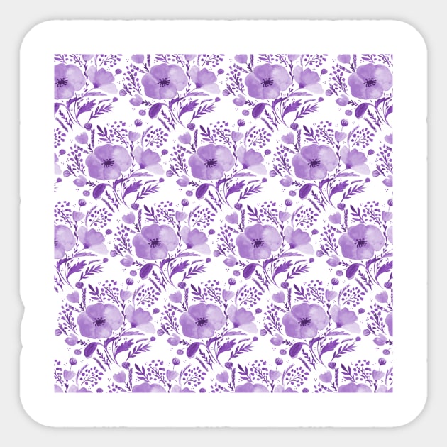 Watercolor poppies bouquet pattern - purple Sticker by wackapacka